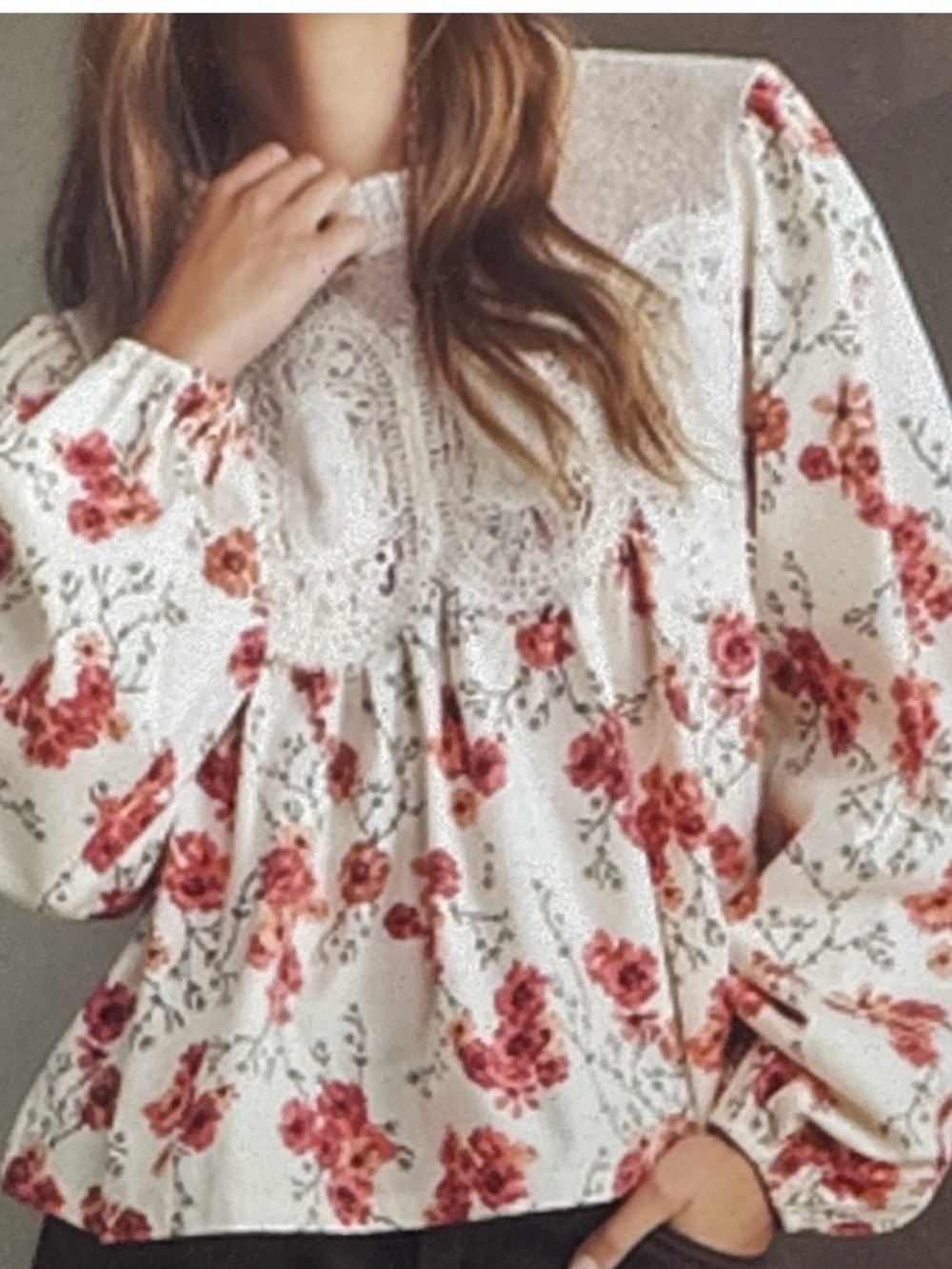 Anthropologie Cream Blouse with Rose Pink Floral Print and Lace Yoke